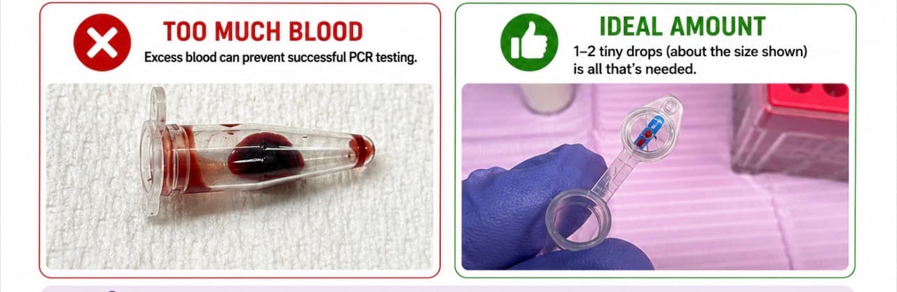 Left: too much blood. Right: the ideal amount of 1–2 tiny drops in a tube.