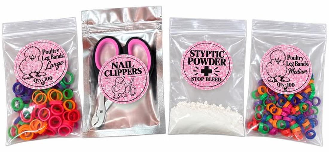 Leg bands, nail clippers and styptic powder